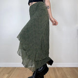 Lady Irregular High Waist Midi Skirts Grunge 2000s aesthetic Ruffles Chiffon Skirt Vitnage Streetwear Green