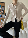 Women's Polo's Neck Pit Stripe Fitted Knitted Cardigan Casual Long Sleeve Button Up