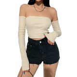Crop Tops T-shirts, Solid Color Boat Neck Off Shoulder Sexy Tops Pullover with Long Sleeves for Summer Club Wear-Outfit