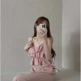 Version Of Summer Sling Suit Vertical Collar Lace Pleated Blouse Tea Is A Complete Set Of Elastic Wide-Leg Trousers-Outfit