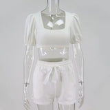 Collar Solid Women Shorts Set Puff Sleeve Crop Top + lace Up Short Trousers Ladies Outfits Summer Elegant Fashion