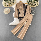 Ocean Gas Three-Piece Loose Wind Letter Embroidered Cardigan Jacket Bottom High Collar Knitting Tops Broad