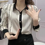 Lady Striped Chain Printed Blouse Casual Single-breasted Spring Autumn Long Sleeve Female Clothing Lapel Spliced