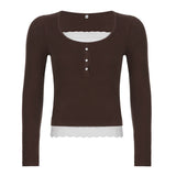 Korean Cute Y2K Retro Cotton Tops Lace Patchwork Buttons Kawaii Tshirts Autumn Square Collar Chic Casual