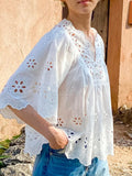 Embroidery Art White Top Women's Sleeves Holiday Blouse Women's Niche Design Women's Shirt