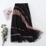 Fashion Patchwork Striped Print Pleated Skirt Elegant Office Lady Commute All-match Elastic High Waist Tulle Midi