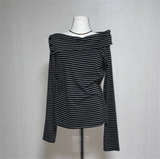 Tshirts 2023 Shirts for Women Chic Striped Long Sleeve Tunic Tees Off Shoulder Button Casual T Shirts Crop Tops Ropa Mujer-Outfit