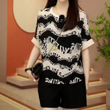 Abstract Letter Printed T-shirt Women's Clothing Korean Loose Short Sleeve 2023 Summer Stylish Patchwork O-Neck Pullovers-Outfit