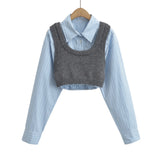 Autumn 2 pieces 1 set Knitted Rib Pullovers Sweater Vest + Lapel Full Sleeve Shirt Elastic Hem Crop Top Suits Knitwear-Outfit