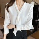Sleeve Chiffon Blouse Shirt Blouse Women Blusas Mujer De Moda 2021 Bow V-Neck Office Lady Blouse Tops Women Blouses