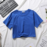 Summer Short Sleeve T Shirts Women Cotton Solid T-shirt O Neck High Waist Crop Top Tee Female Casual Loose T