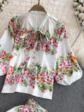 Two Piece Shorts Outfit Women Bow Neck Puff Sleeve Floral Print Single Breasted Shirts and Belt Pockets Shorts Set