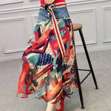 Casual Denim Patchwork Chiffon Skirt 2023 Summer New Office Lady Commute All-match Printed A-Line High Waist Midi