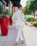 Elegant Ruffles Lace Cut Out Shoulder Long Sleeve Blazer And Pant