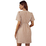 Plaid V-Neck Beletd-Bow