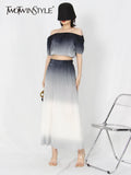 TWOTWINSTYLE Ombre Summer Two Piece Set Womens Slash Neck Short Sleeve Tops High Waist Midi Skirts Colorblock Sets Female