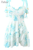 Sexy Mini Dress 2023 New Chic Slim Beach Vacation Embroidered Straps Beaded Print Ruffle Short Strap Dress