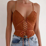Vintage Fashion Sexy Bandage Straps Crop Tops Women Elegant Ribbed Hollow Out Backless Sleeveless Top