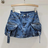 Women's Denim Skirt Solid Color High Waist Wrap Hip 3d Pockets A-line Short Cargo Miniskirt 2024 Summer New Fashion 29L6720-Outfit
