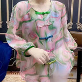 Folk Printed Blouse Female Clothing Commute Long Sleeve Spring Autumn Casual O-Neck Fashion Chinese Disc Buckle