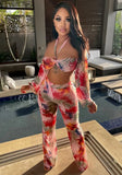 Printed Romantic Halter Wrist Sleeves High Waist Floral Print Two Piece Pants