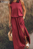 Summer Women Loose Sleeveless Long Dress Solid Color O Neck Slit Vestidos Midi Elegante Branco Office Lady