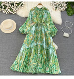 Quality Light Extravagant Lantern Long Sleeved Round Collar Waist Slim Single Breasted Printed Dress Elegant Long Skirt-Outfit