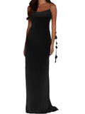 Satin Backless Spaghetti Strap Long Dress for Women Sexy Backless 3D Flower Tassels Dress Party Cocktail Y2K Vestidos-Outfit