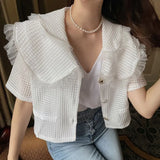 Party Sannian Women Shirt Double-layer Doll Collar Beaded Mesh Stitching Love Three-button Loose Short Shirt Tops Ladies