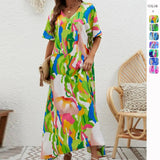 Summer New Elegant Dress V-Neck Print High-Waisted Loose Swing Short-Sleeved Dress