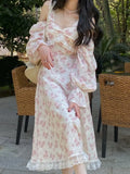 Floral Sweet Dress Women Summer Print Elegant Party Midi Dresses Chiffon Lace Split Casual Holiday Korean Dress 2022