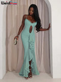 Hollow Ruffles Dress Woman Y2K Summer Spaghetti Strap Sexy Irregular Tassel Patchwork Fungus Trim Mesh Skinny Vestidos-Outfit