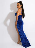 Sexy Sequins Sheer Mesh Patch Straps Slit Cocktail Party