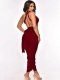 Sexy Straps Sleeveless Solid Ruched Lace Up Sheath Midi