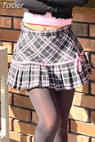 Y2K Preppy Style Plaid Ribbons Bow A-line Pleated Mini Skirt Dark Academia High Waist Short Skirts Cute Aesthetic