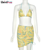 Puss Sexy Beach Style Women 2 Piece Set Lace Up Tank Tops+Mini Skirts Bandage Matching Summer Party Prom Vacation