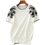 Shoulder Embroidery Hook Flower Round Neck Pullover Sweater Summer New Loose Ice Silk Short-Sleeved T-Shirt Girl-Outfit