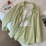 Thin Green Shirt Women Fashion Korean Loose Lapel Button Top Female Solid Basic Long Sleeve All Match Shirt New-Outfit