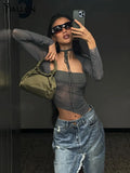 Summer New Fashion Top Women's Sexy Perspective Mesh Gauze Long Sleeve Square Neck T-shirt Street Casual Clothing Hot-Outfit