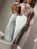 Formal Beaded Short Sleeves Slit Evening