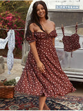2022 Off Shoulder Print Floral Sexy Dress Women Vintage Elegant High Split Sundress Ruched Drawstring Casual Maxi