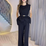 Summer New Solid Color Round Collar Sleeveless Top High Waist Broad Leg Pants Two Sets Of