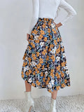 Printed Modest High Waist Elastic Waist Print Midi A-Line