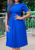 O-Neck Short Sleeves Solid Midi Pleated Plus Size Office
