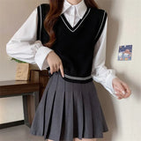 New College Style With Long-Sleeved Shirt Women's Short Splicing Fake Two Knitted Vest Tops Women's