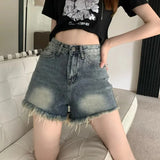 Women's Raw Edge Short Jeans For Summer Blue High Waisted Y2k Fashion Distressed Korean Version Washed Loose Denim Pants