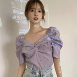 Women Summer Purple Solid V-neck Ruched Design Crop Top Elegant Korean Style Chic Female Sexy Cute Daily Trendy