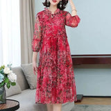New Casual Half Sleeve Midi Dress Vintage Printed Women's Clothing Ruffles Spliced Stylish Drawstring Loose Gauze
