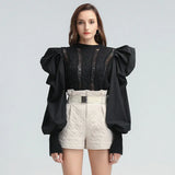 Hole Patchwork Sweater For Women O Neck Puff Sleeve Casual Pink Sweaters Female 2022 Spring Fashion New