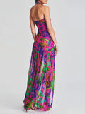 Women’s Y2K Vintage Slim Strapless Backless Mesh Patchwork Tropical Leopard Print High Slit Long Tube Party Dress-Outfit